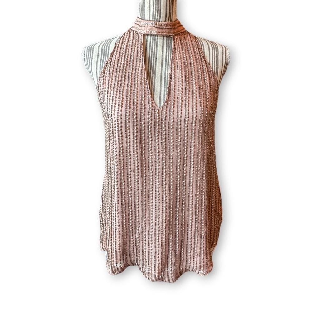 Parker Beaded Sequin Halter Keyhole Top Blush Pink Party XS